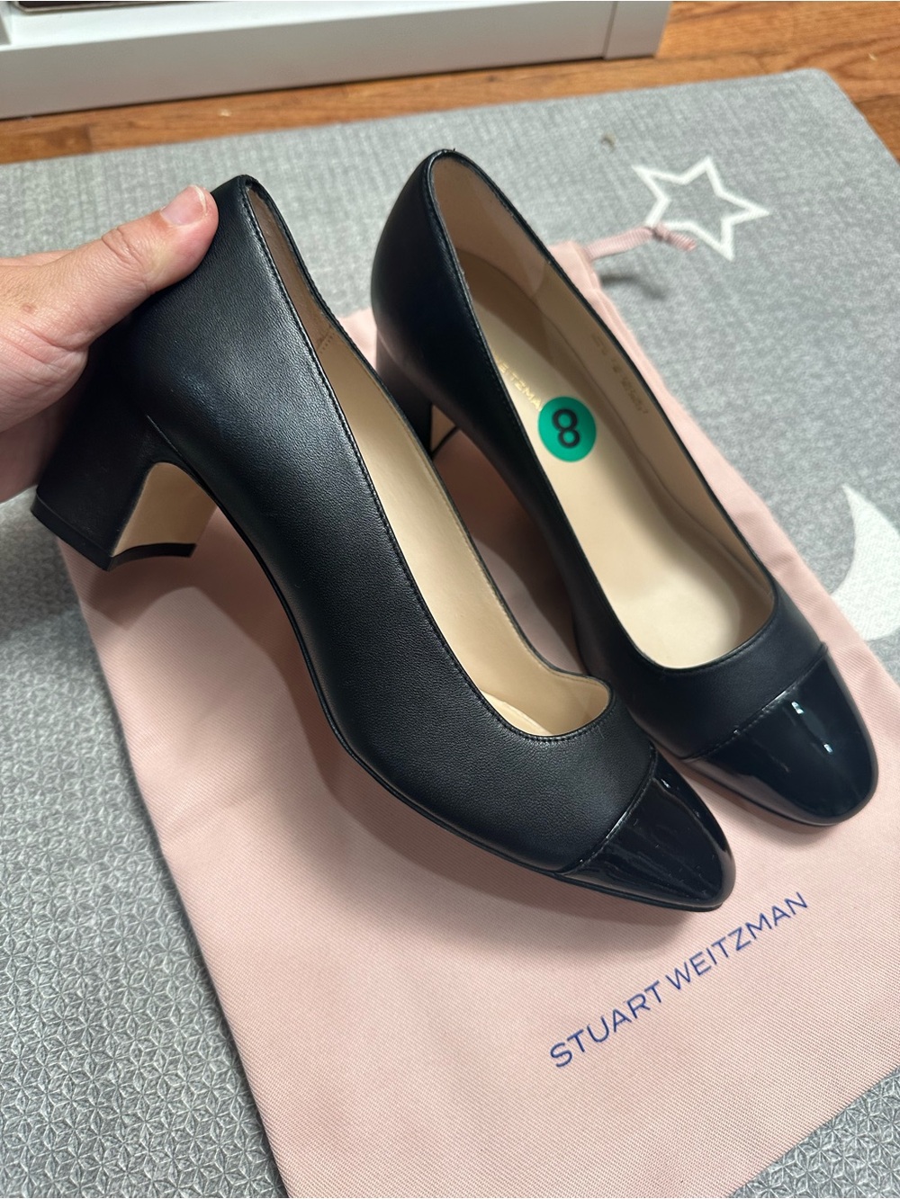 Stuart Weitzman Black Leather Cap-Toe Block Heel Pumps
